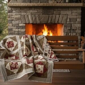 Vintage Patchwork Quilt 66x82 Burgundy Floral Cottage Farmhouse Throw